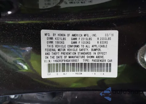 2016 Honda Accord Ex-L z USA, uszkodzony, nr VIN 1HGCR2F94GA169657